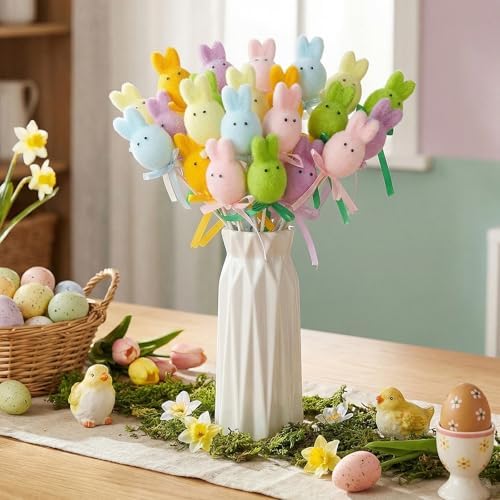 FineCheer 24 Pcs Easter Bunny Picks Faux Foam Easter Egg Picks Decorative Mini Pastel Egg Stems 7" Tall for Spring Basket Bouquets Floral Arrangement Centerpiece Wreath Party Decorations