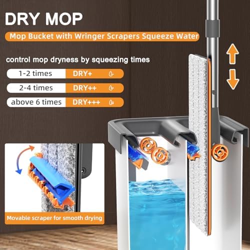 JUDRDO Mop and Bucket with Wringer Set for Home,61" Flat Mop and Bucket System for Floor Cleaning,Wet Dry Mop Window Wall Cleaner with Long Handle,Floor Mop with 4 Washable Microfiber Pads