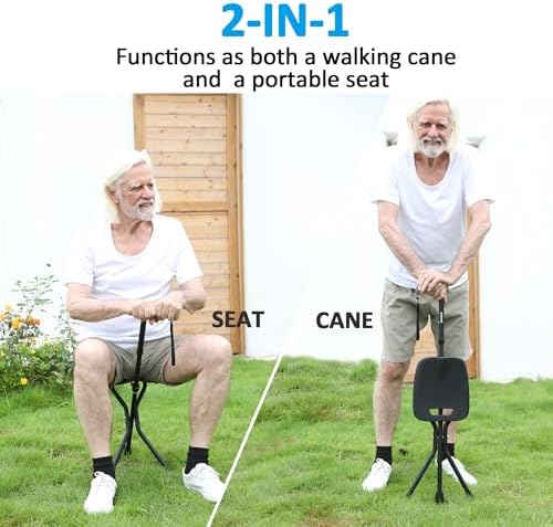 REHAND Walking Cane with Seat,Lightweight Foldable, Adjustable, Collapsible Canes with Stool for Men & Women, Heavy Duty All Terrain Tip, Portable Walking Stick Chair for Seniors & Adults