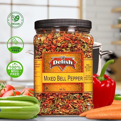 Dehydrated Dried Red and Green Bell Peppers Mix by It's Delish, Jumbo Reusable Container 16 Oz (1 lb) | Bulk Mixed Bell Pepper Flakes – Chopped & Dried Vegetable Spice Seasoning | Vegan, Kosher