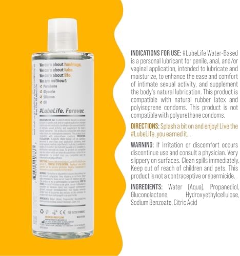 LubeLife Water-Based Lube – Personal Lubricant for Men, Women & Couples, Travel Size, Non-Staining, Easy Clean-Up, Toy-Safe, 12 Fl Oz
