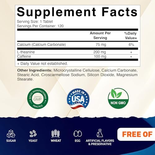 Vitamatic L-Theanine 200mg with Caffeine 100mg – 120 Vegetarian Tablets Nootropic Supplement for Focused Energy & Mental Clarity