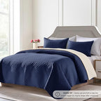FLYMME Quilts Queen Size - Ultra Soft Navy Blue Quilt Lightweight Microfiber Bedspreads, Classic Basket Weave Pattern Bedspread Bed Coverlet 3 Pieces for All-Season (1 Quilt, 2 Pillow Shams) | Breathable material, Easy care