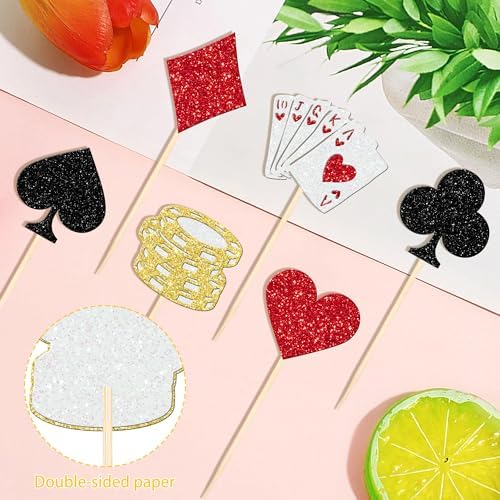 24 PCS Casino Poker Theme Cupcake Toppers Glitter Poker Game Chips Player Las Vegas Casino Cupcake Picks for Las Vegas Casino Night Poker Theme Birthday Party Cake Decorations Supplies