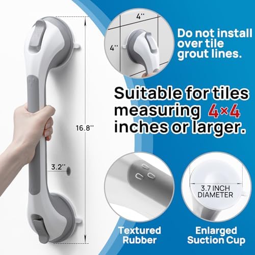 LEVERLOC 2 Pack Shower Grab Bars for Bathtubs and Showers, Easy to Install Suction Shower Handles for Bathroom Removable Handrails for Seniors Elderly Heavy Duty Safety Grip Waterproof Drill Free Gray