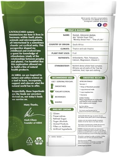 MRM Organic Baobab Powder - For Women & Men - USDA Organic Baobab Fruit Powder Superfood with Fiber, Antioxidants & Vitamin C for Smoothies, Juices & Daily Nutrition, Vegan, Gluten-Free - 40 Servings