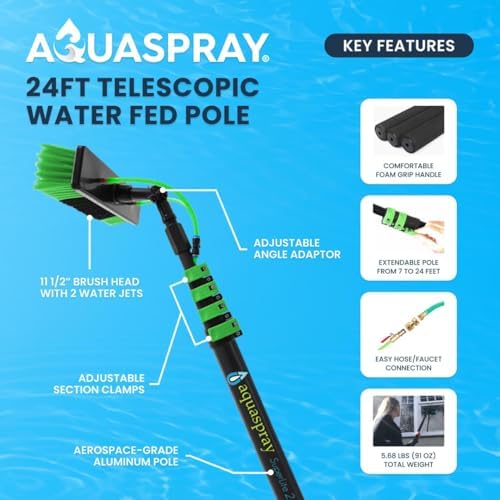 AquaSpray Superlite Aluminum Water Fed Pole Kit Lightweight 24 Feet - Outdoor Window Cleaner Window Glass Solar Panel Cleaning System, Washing Equipment Tool Solution: Hose Spray Washer