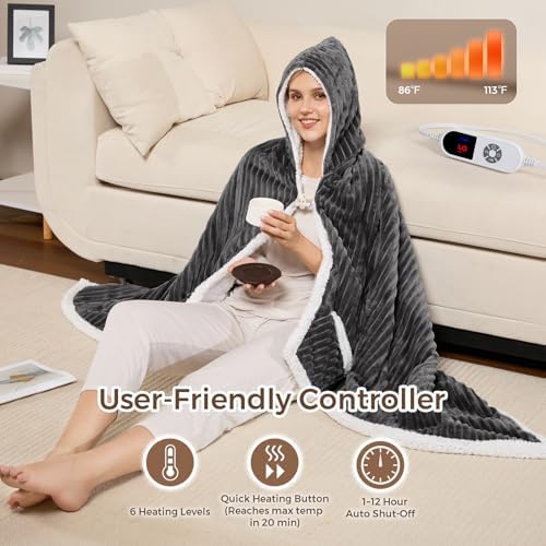 Electric Blanket Heated Throw, Soft Flannel & Sherpa Wearable Heated Blanket Hoodie, Heated Shawl Wraps for Gift with 6 Heating Levels & 12H Auto Off, ETL Certified, Home Office, 40x70 Inch, Dark Grey