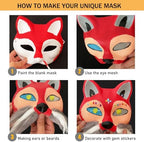 OPPKIE Cat Fox Mask 3PCS with Furs Eye Meshes and Gem Stickers, Therian Dress Up Masks to Paint, Animal Mask Arts Crafts Kit, Costume Masks for Halloween Masquerade Cosplay Party Interaction