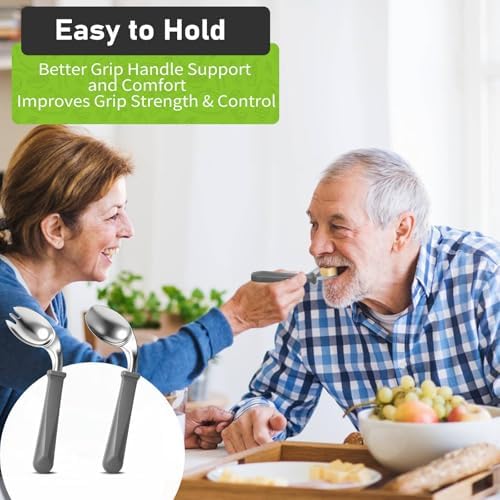 Adaptive Utensils(2 Pcs Forks and 2 Pcs Spoons),Parkinsons Utensils, Non-Slip Handles, Silverware for Hand Tremors, Elderly, Arthritis, Parkinsons, 304 Food Grade Stainless Steel