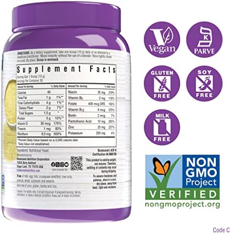 BlueBonnet Nutrition Non-Bitter Nutritional Yeast Flakes - Plant-Sourced Protein, B Vitamins & Vitamin D - Non-GMO, Vegan, Kosher, Gluten-Free, Soy-Free - 10.58 oz, 30 Servings
