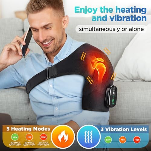 Cordless Shoulder Heating Pad, Heated Shoulder Wrap with Massage, Heated Shoulder Brace, Shoulder Massager for Pain Relief Deep Tissue (Black)