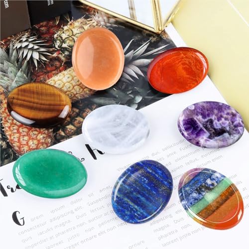 Erliway 8Pcs Thumb Worry Stones Set for Anxiety and Stress, Natural 1.77" Chakra Crystals Worry Stone Bulk, Oval Healing Pocket Palm Stone for Stress Relief Relax Meditation Therapy Home Decor