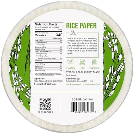 Soeos Rice Paper, White Rice Paper Wrappers, 1 Pack, 34 Sheets-Fresh Spring Roll Wrappers & Dumplings, Non-GMO, Gluten-Free, Low Carb, Vietnamese Rice Wraps (Round, 22cm)