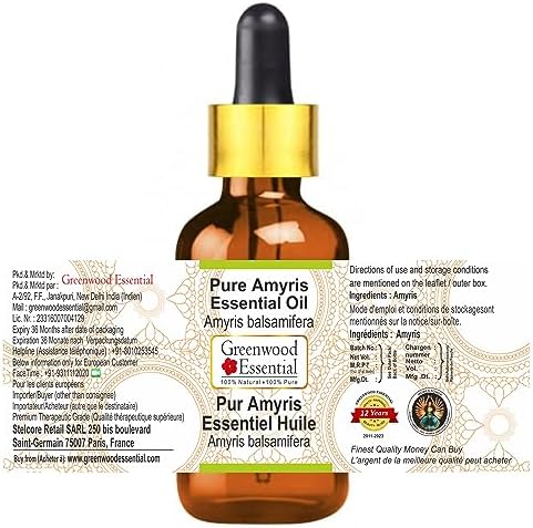 Greenwood Essential Pure Amyris Essential Oil (Amyris balsamifera) with Glass Dropper Steam Distilled 5ml (0.16 oz)