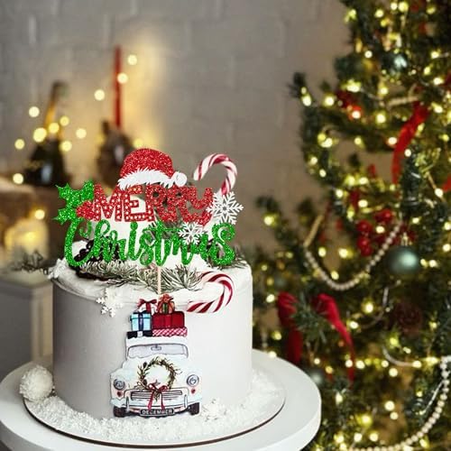 Rsstarxi 1 Pack Merry Christmas Cake Topper Glitter Xms Eve Snowflakes Santa Hat Cake Pick for Celebrating Merry Christmas Eve Birthday Party Cake Decorations Supplies
