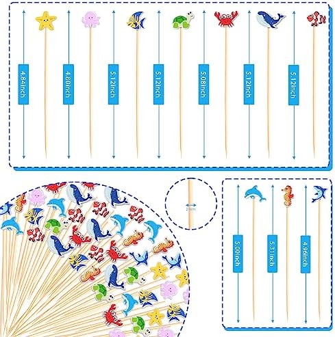 100Pcs Sea Animal Cocktail Picks Ocean Animals Cute Fish Theme Decor Toothpicks Fruit Drinks Sticks Food Appetizer Charcuterie Skewers, for Under The Sea Themed Summer Beach Birthday Party Decorations