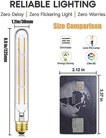 E26 Tubular Led Bulb 8W T10 Dimmable Long Light Bulbs 75 Watt E26 Medium Base 2700k Warm White Edison Tube Lights Bulbs 8.9Inches, 6Pack.