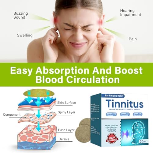 Tinnitus Relief for Ringing Ears, Tinnitus Relief Patches, 50 Pcs Support Ear Noise and Buzzing Relief, Natural Herbal Formula Protect Ear Health, Improve Hearing Comfort, Long-Lasting Effective