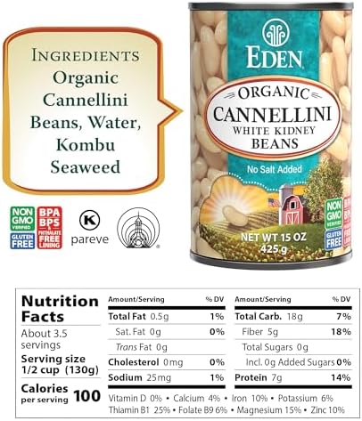 Eden Organic Cannellini White Kidney Beans, No Salt Added, 15-Ounce Cans (Pack of 12)