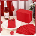 60 Pcs Red Linen-Feel Paper Napkins with Built-in Flatware Pocket, Mother's Day Pocket Linen Napkin Prefolded Cloth Like Paper Napkin Bulk for Anniversay Silverware Birthday Bathroom Wedding Party
