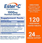 Ester-C Vitamin C 1000 mg Coated Tablets, Immune System Booster, Stomach-Friendly Supplement, 120 Count