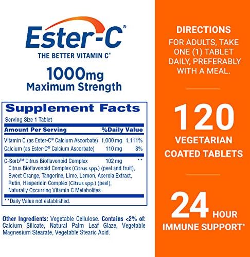 Ester-C Vitamin C 1000 mg Coated Tablets, Immune System Booster, Stomach-Friendly Supplement, 120 Count