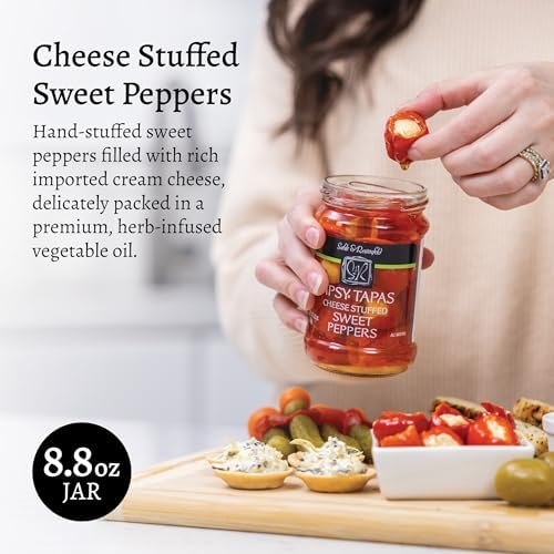 Sable & Rosenfeld Tipsy Tapas Cheese Stuffed Sweet Peppers in a Jar 8.8 oz (Pack of 1), Hand-Stuffed with Cream Cheese, Gluten-Free Gourmet Appetizer