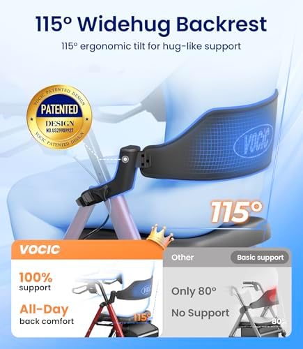 VOCIC Walkers for Seniors, Z21 Rollator Walker with Seat Supports 350lb, 8" Big Wheels for All Terrain, Ergonomic Arc Seat & 6" Ultra Backrest Foldable Walker, Dual Height Adjustment, Lightweight 2025
