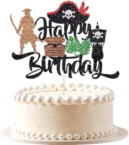 Pirate Happy Birthday glitter Cake Topper,Pirate Themed Kids Birthday Party Decorations,Boys girls Happy birthday cake Topper