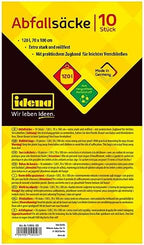 Idena 50056 Waste Bags, Blue, 1 Roll of 10 Pieces, 120 Litres, 40µ Extra Strong and Tear-Resistant, with Practical Drawstring, Drawstring Bags