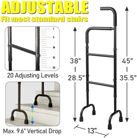 20-Level Adjustable Stair Climbing Assist Cane & Elderly Stair Lift Assist with Anti-Slip Handle & Stabilizing Feet, 300lbs Capacity for Seniors, Standard Steps-Patent Pending
