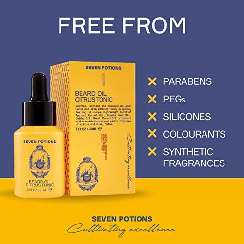 SEVEN POTIONS Natural Beard Oil for Men 1 FL OZ / 30ml — Fresh & Citrus Beard Softener & Conditioner — Vegan Conditioning Oil That Helps Prevent Itch & Dandruff (Citrus Tonic)
