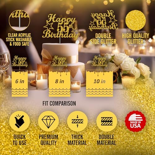 55 Birthday Cake Topper Gold Glitter, Party Decoration Ideas, Premium Quality, Sturdy Doubled Sided Glitter, Acrylic Stick. Made in USA (55th)