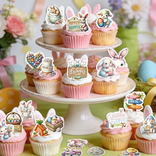 60PCS Edible Happy Easter Cupcake Toppers Wafer Paper Bunny Easter Eggs Cupcake Picks Edible Welcome Spring Cupcake Decors for Easter Theme Baby Shower Birthday Easter Party Supplies