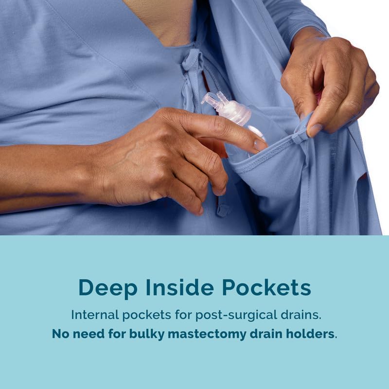 KickIt Hospital Gowns for Women with Snaps Sleeves for IVs, Chemo Robe for Port Access, Mastectomy Shirt with Drain Pockets