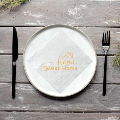 Home Sweet Home Paper Napkins Gold Foil and White Housewarming Cocktail Napkins 50 Pack New House/Welcome Back/Family Home Theme Party Decorations Supplies Bar Beverage Towel Napkins 3 Ply