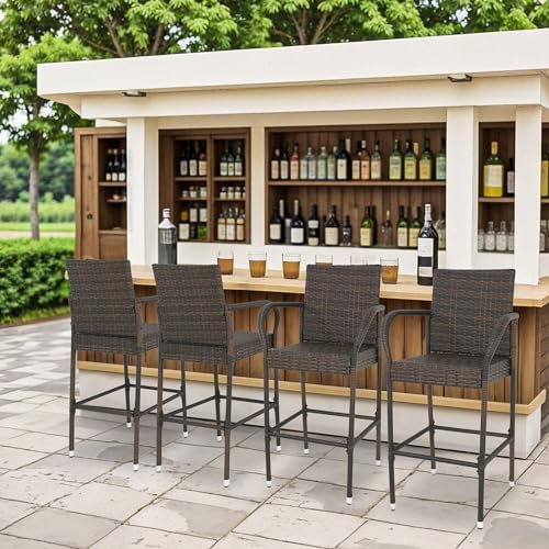 ZENY Set of 2 Wicker Barstool All Weather Dining Chairs Outdoor Patio Furniture Wicker Chairs Bar Stool with Armrest