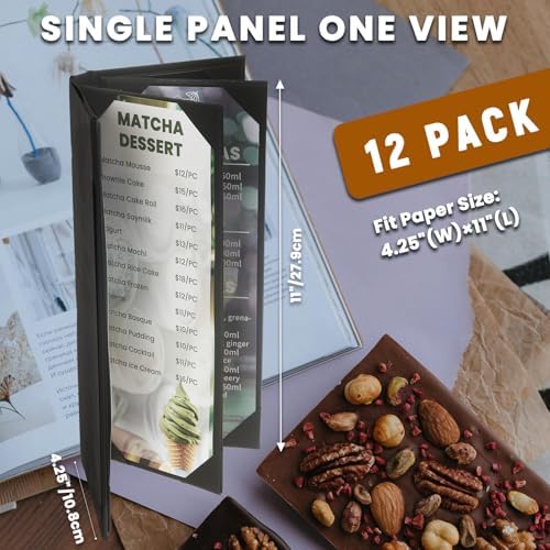 12 Pack Menu Covers 4.25" x 11", 6 View PU Leather Menu Holders for Restaurant, Bar, Coffee Shops, Wine Lists & Drink Specials