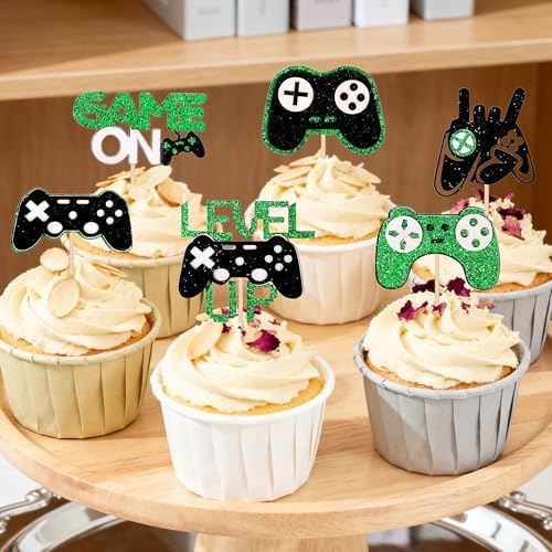 12 PCS Video Game Controllers Cupcake Toppers Glitter Black Green Cake Picks for Baby Shower Game Theme Birthday Party Cupcake Decorations Supplies
