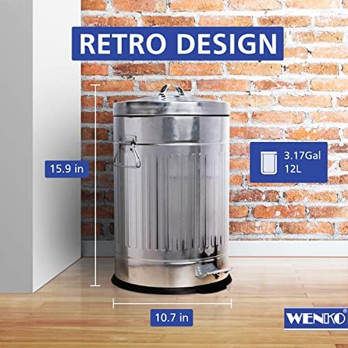 WENKO Step Trash Can with Lid and Pedal, Retro Metal Garbage Bin, for Bathroom, Kitchen, Office, Soft Close, 3 Gallon, 10 x 16.5 x 10 in, Gray