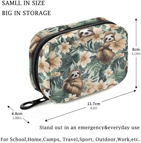Fustylead Retro Tropical Cute Sloths and Flowers Travel Pill Organizer Case Zipper for Purse with Removable Weekly Pill Box for Medicine, Vitamin, Supplement Medicine Organizer