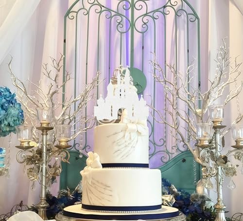 Castle Cake Topper - Silver Glitter Castle Theme Birthday Cake Decorating Supplies, Princess Prince Baby Shower Birthday Party Supplies Photo Booth Props