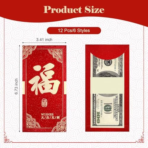 12 pcs Thick Chinese Red Envelopes for Lucky Money, Hong Bao Red Packet for Lunar New Year Spring Festival Wedding All Occasions