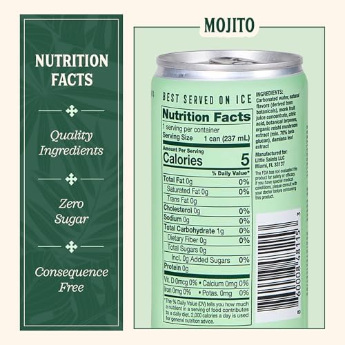 Little Saints Non-Alcoholic Mojito Mocktail | Crisp Mint & Lime | Crafted with Reishi Mushroom, Damiana & Adaptogens for Calm & Ease | 5 Calories | Sugar Free, 12-Pack 8oz Cans