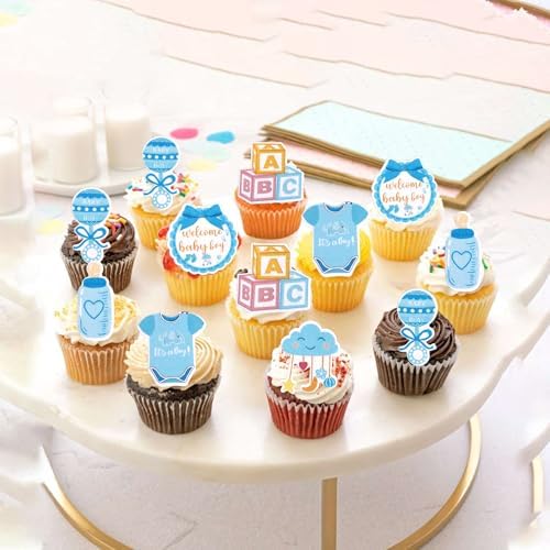 60 PCS Edible Oh Baby Cupcake Toppers Pacifier Cloud Moon Star Welcome Baby Boy Cupcake Picks Edible Baby Shower It's a Boy Cake Decorations for Baby Shower Boys Birthday Party Supplies Blue