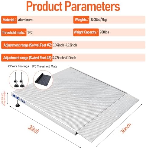 Threshold Ramp for Wheelchairs, 3.4-7.1" Rise and 36"×36" Platform Aluminum Wheelchair Ramp, Door Threshold Ramps with a Non-Slip Thick Door Mat