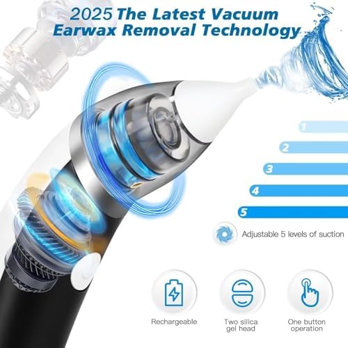 Ear Vacuum Ear Wax Removal Kit with 5 Levels Strong Suction, USB Rechargeable Reusable Electric Ear Suction Vacuum Tool for Adults and Kids (Black)