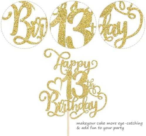 Rsstarxi 1 Pack Gold Glitter Happy 13th Birthday Cake Topper Cheers to 13 Years Old 13 Fabulous Cake Pick 13th Birthday Cake Decoration for Happy 13th Birthday Anniversary Party Decorations