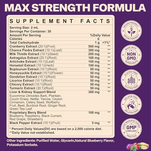 30-in-1 Kidney and Liver Cleanse Detox & Repair Drops with Cranberry Extract, Milk Thistle & Chanca Piedra, Vegan Kidney Support Supplement for Urinary Tract & Liver Support | Blueberry Flavor, 2P